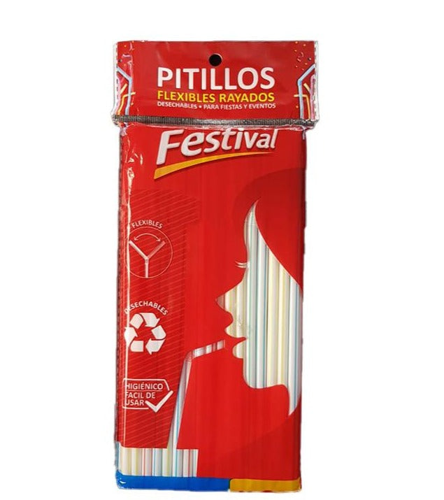 Pitillos Plásticos Flexibles Rayados Festival X 50 Unidades
