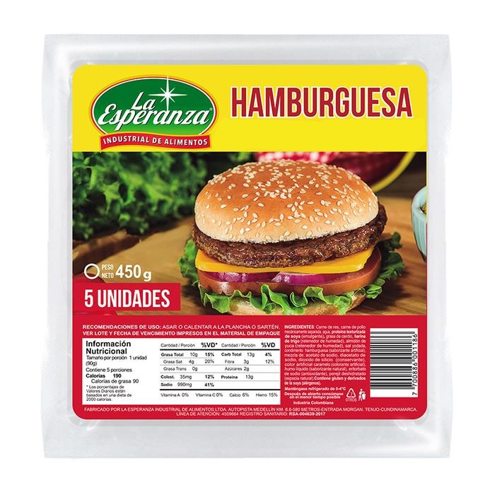 Hamburguesa de Pollo La Esperanza 5 Unidades 450 Gramos