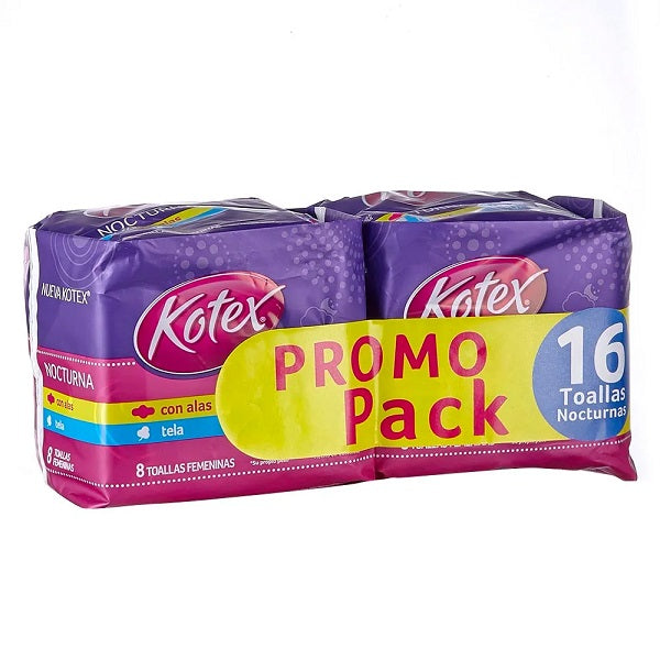 Toallas Higiénicas Kotex Nocturna con Alas Prom Pack X 16 Unidades